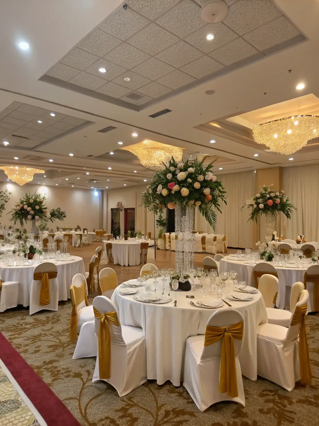 A beautifully decorated ballroom with round tables set for a formal gala event, soft lighting, and a stage with a podium.